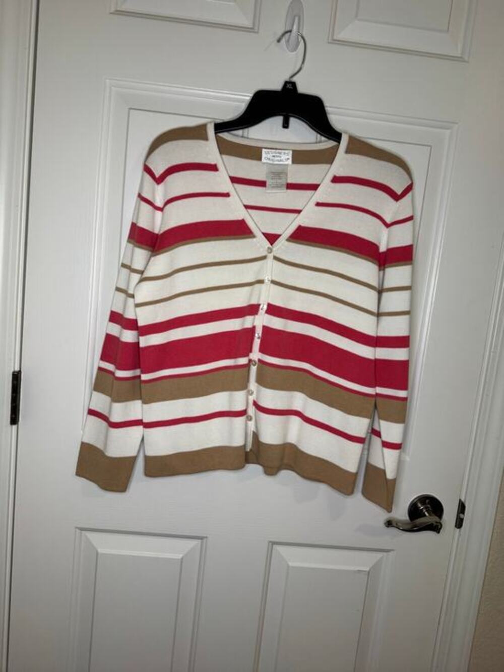 Designer Originals Petite Vintage 100% Cotton Cardigan Sweater Pink Tan White L